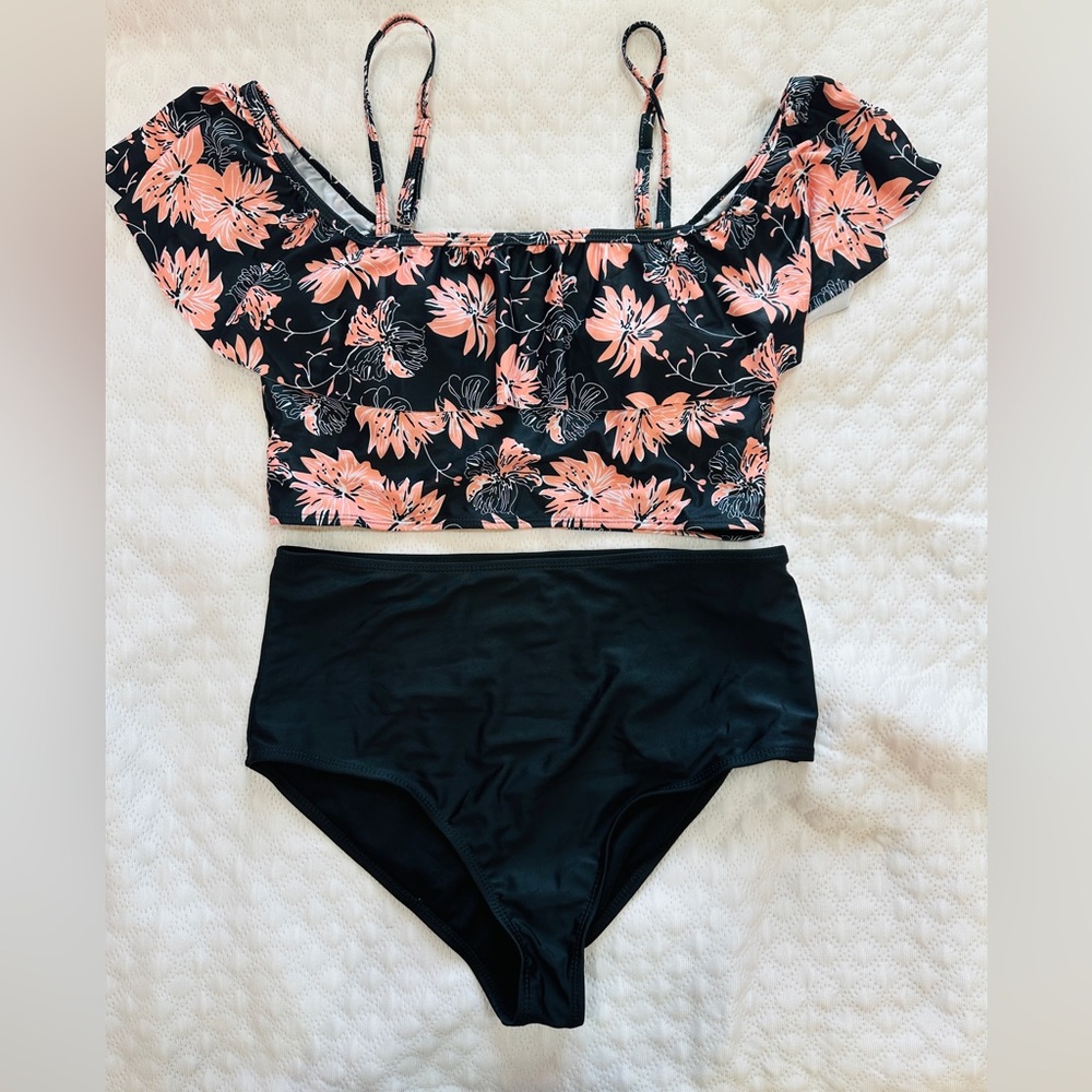 High Waisted Flounce Bikini Set,Tummy Control Swimsuits for Women,Off Shoulder